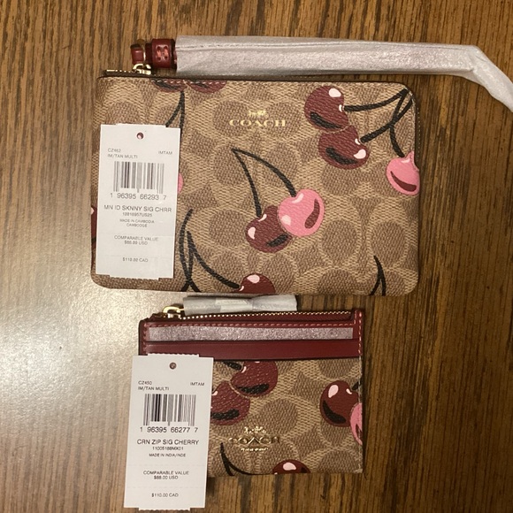 Coach Set of Wristlet and ID Case in Signature canvas With Cherry Print🍒 NWT - Picture 1 of 7